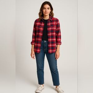 Red Blue Plaid Flannel Shirt Women's XL Button Front Long Sleeve Pockets